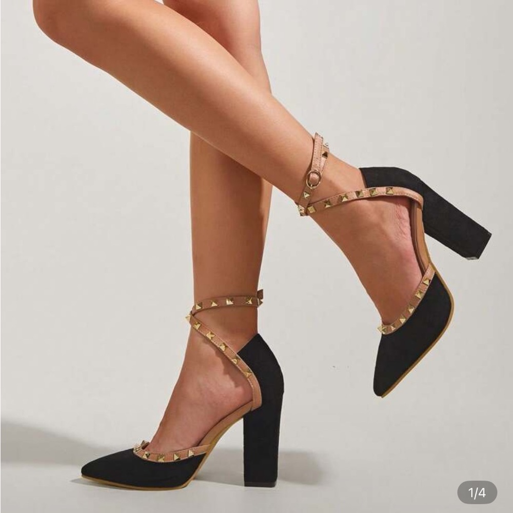SHEIN Black and Tan Strappy Studded Closed Toe Heels NWOB - Picture 2 of 10